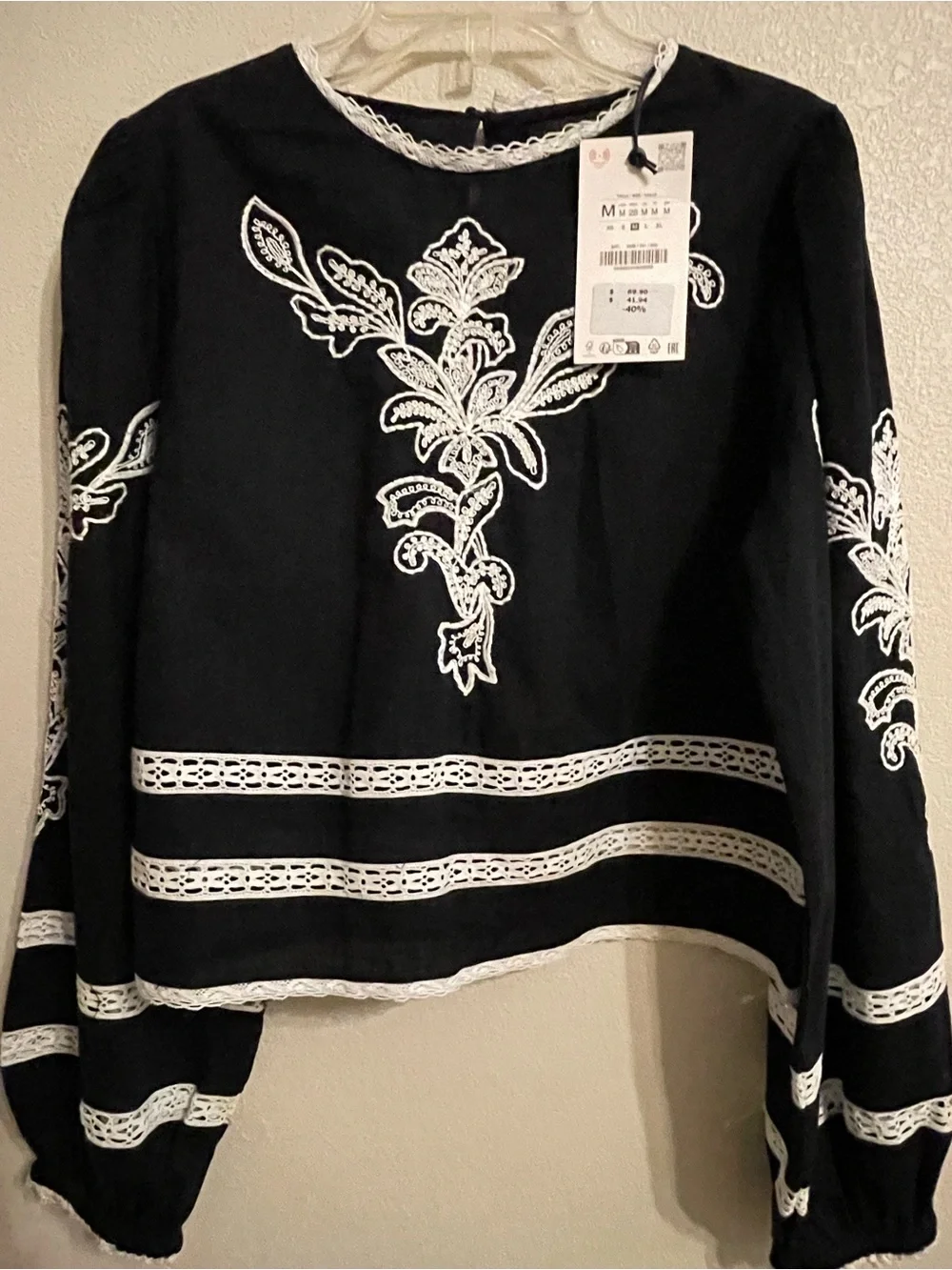 ZARA Black Blouse with White Embroidered Floral Trim